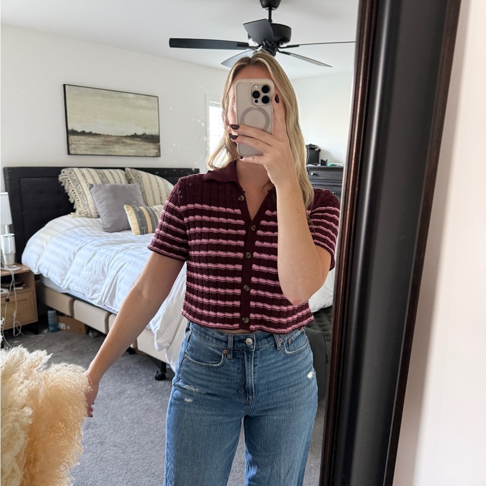 Urban Outfitters Maroon and Light Pink Striped Crop Knit Shirt